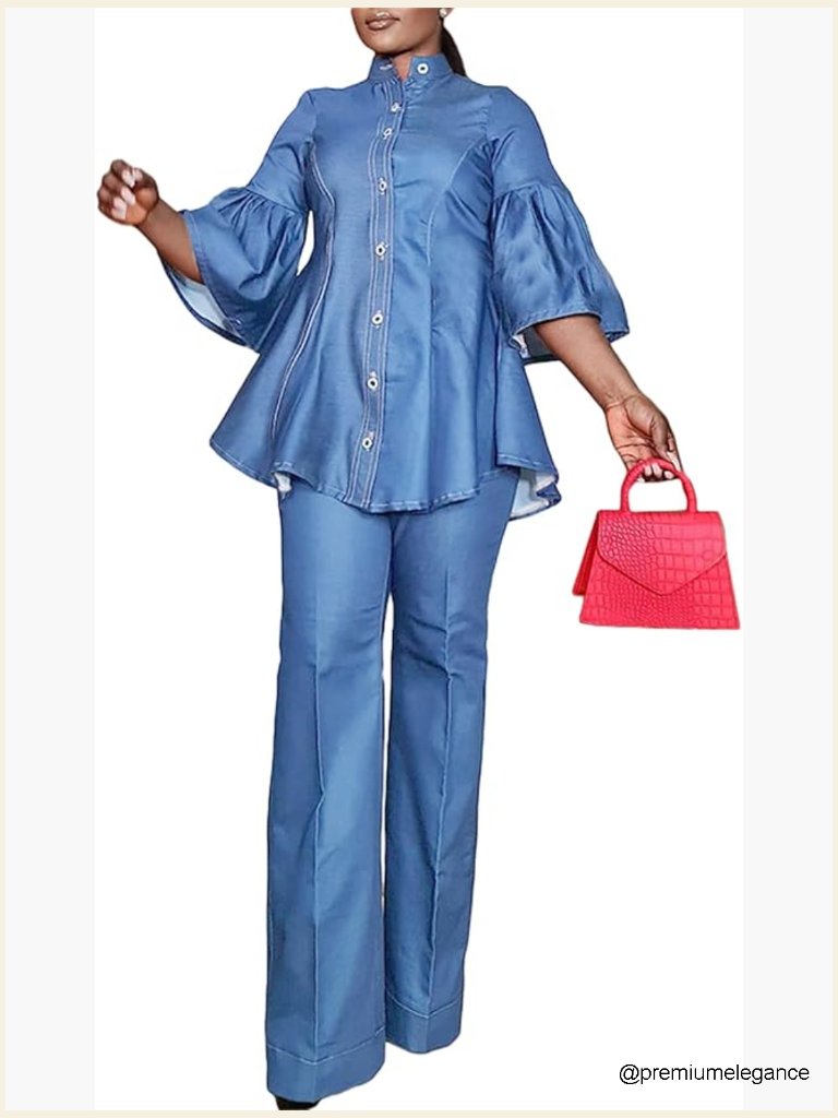 Denim 2 Piece Outfit Flared Sleeve Button Down Shirt Straight Long Pants